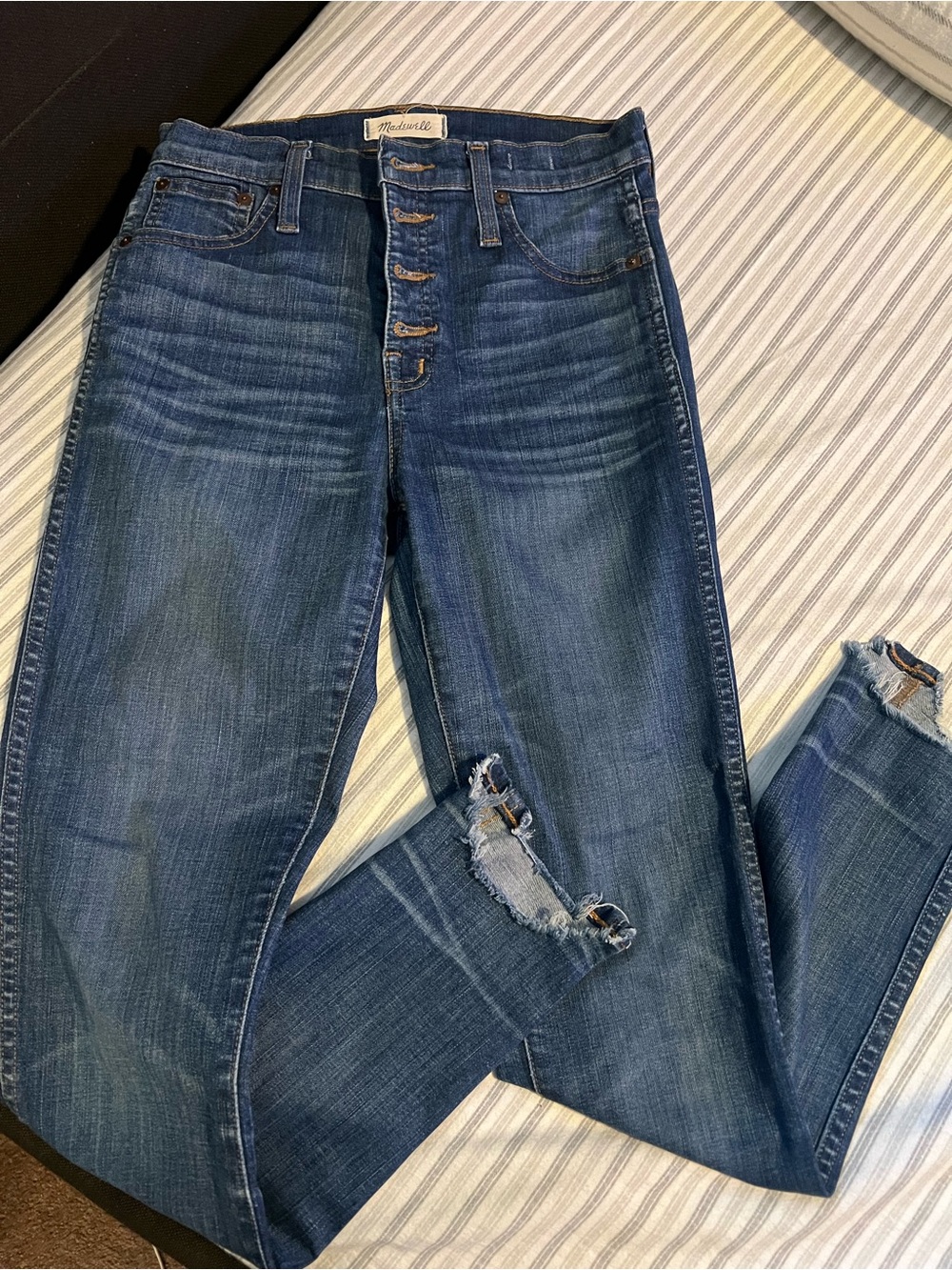 Madewell Skinny Button-Fly Jeans in Medium Blue with Distressing